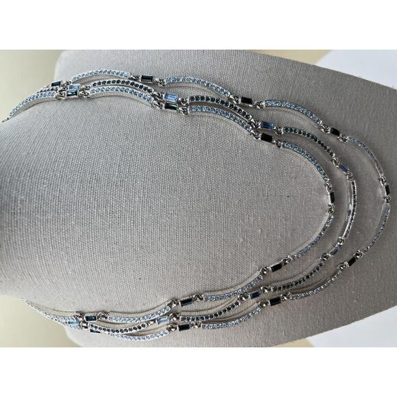 Napier Triple Strand Silver Tone Necklace with Blue and Black Rhinestones  E4 - Picture 3 of 8